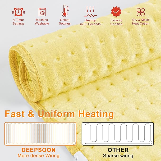Deepsoon Heating Pad,Electric Heating Pads for Back,Neck,Moist Heating Pad for Abdomen Shoulder Knee Legs,Dry/Moist Heat&Auto Shut Off,Mother's Day Birthday for Men and Women,Light Yellow,24x12 Inch