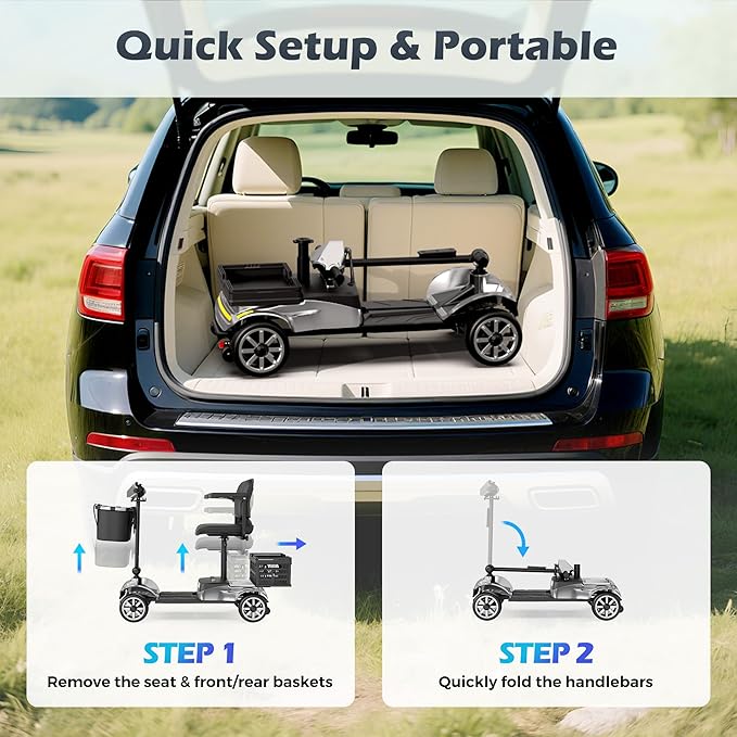 Mobility Scooter for Adults & Seniors with Removable Battery, Cruise & Airport Approved, Foldable Motorized Scooters with Dual Basket, Phone & Cup Holder, Silver