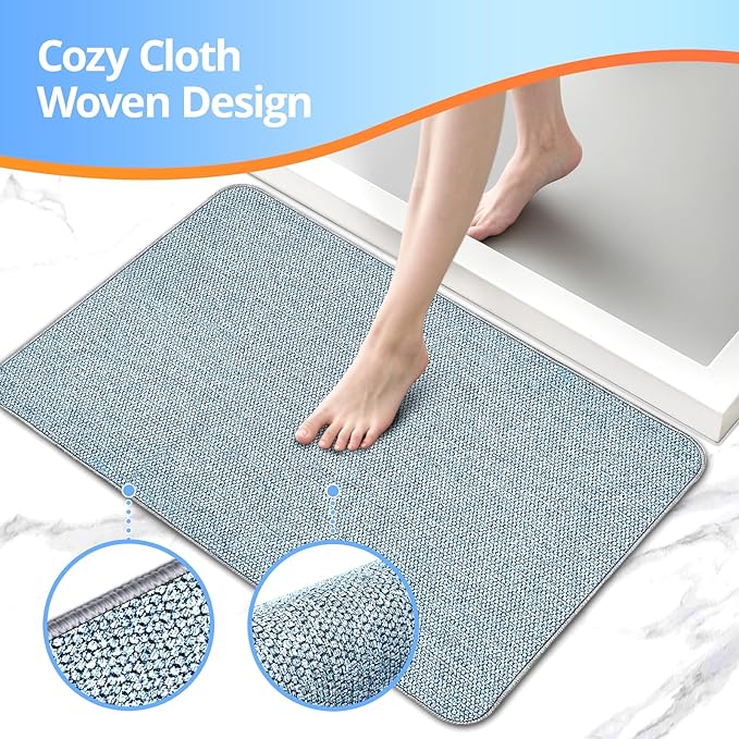 Upgraded Bathroom Rugs 24x48Inch, Thin Bath Mat with Rubber Backing Non-Slip, Absorbent,Quick Dry Machine Washable, Home Decor Accessories Cozy Cloth Bathroom Mat fit Under Door/Sink/Tub/Shower-Blue