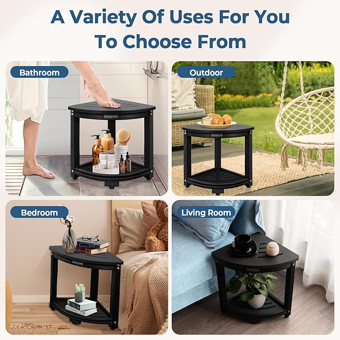 KingPavonini HDPS Corner Shower Stool for Inside Shower, Waterproof Shower Bench, Anti-Fracture & Anti-Fading Shower Seat with Storage Shelf, Rapid Assembly, Load 400 Pounds