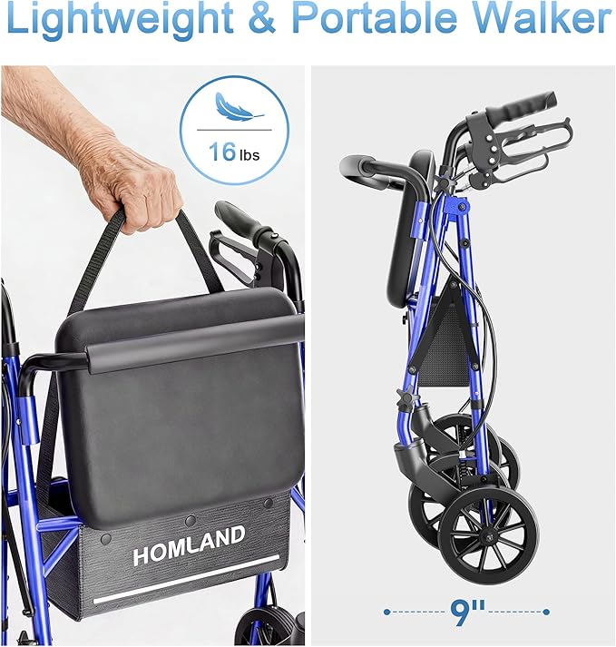 16 Pounds Lightweight Walkers for Seniors with Seat, Narrow Rolling Walker with 4 Puncture-Resistant Wheels, 5-Level Height Adjustable, 300 lbs Weight Capacity (Blue)