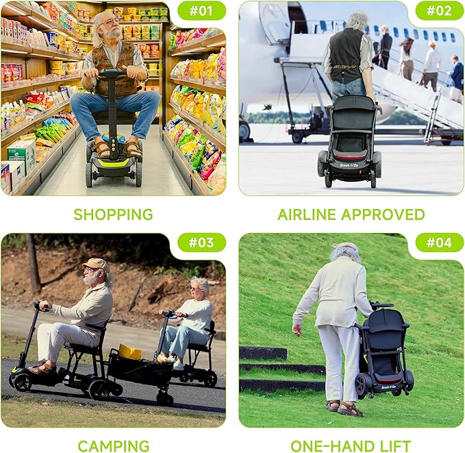SCOOTNGO Mobility Scooters for Seniors, 4 Wheel Foldable Lightweight Airline Approved Mobility Scooter for Adults, Dual Batteries, Portable, No Assembly Needed (Black Yellow, with Folding Trailer)