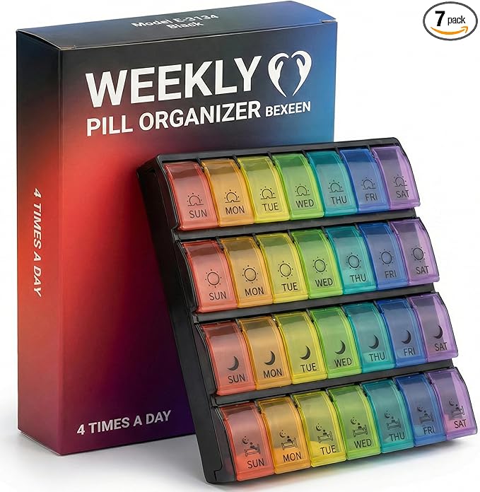 Weekly Pill Organizer 4 Times a Day – Monthly Medication Organizer with Quick-Fill Bottom Opening for Fast Refill, 7 Day Morning Noon Evening Night Pill Box, 28 Large Compartments for Daily Medicine