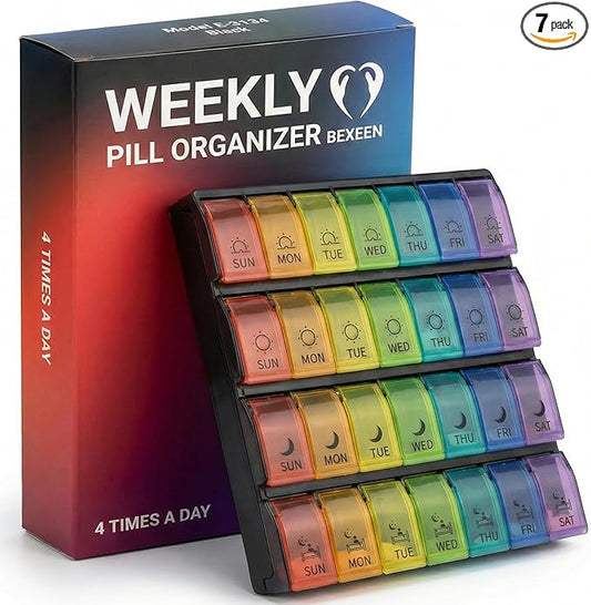 Weekly Pill Organizer 4 Times a Day – Monthly Medication Organizer with Quick-Fill Bottom Opening for Fast Refill, 7 Day Morning Noon Evening Night Pill Box, 28 Large Compartments for Daily Medicine