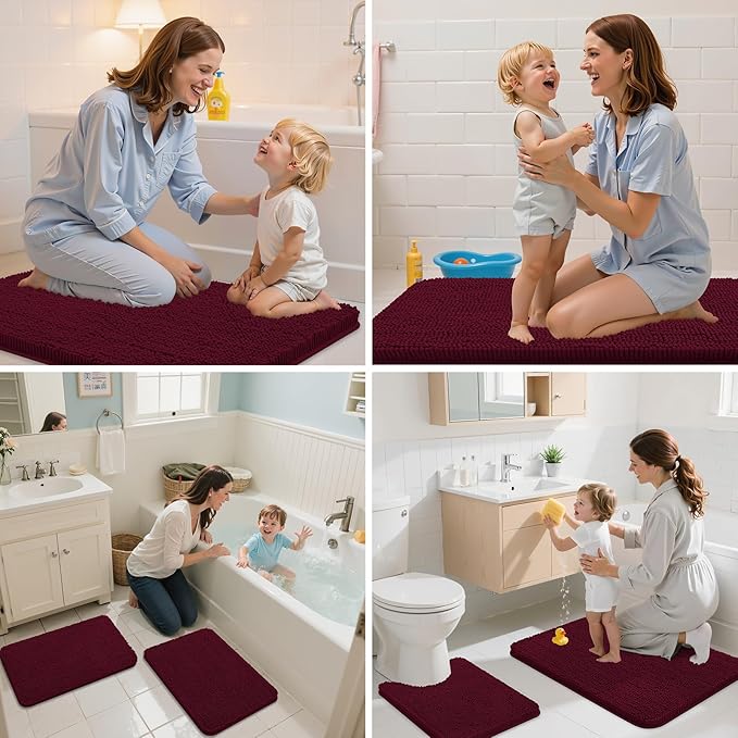 Arotive Bathroom Rugs 34x21, Extra Soft Absorbent Shaggy Chenille Bath Rugs, Machine Washable Rubber Backing Non-Slip Bath Mats for Bathroom Floor Tub and Shower, Home Decor Accessories, Burgundy