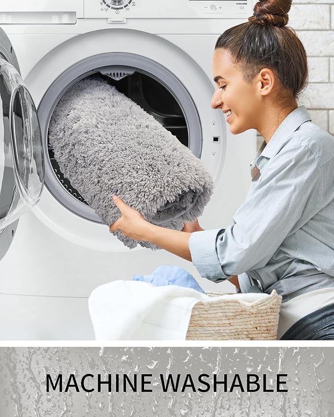 Bathroom Rugs Non Slip Washable, Ultra Thick Soft Microfiber Absorbent Bath Mats, High Density Foam Latex Non Slip Backing Bath Rugs, Fluffy Floor Carpet for Tub&Shower 24x17, Grey
