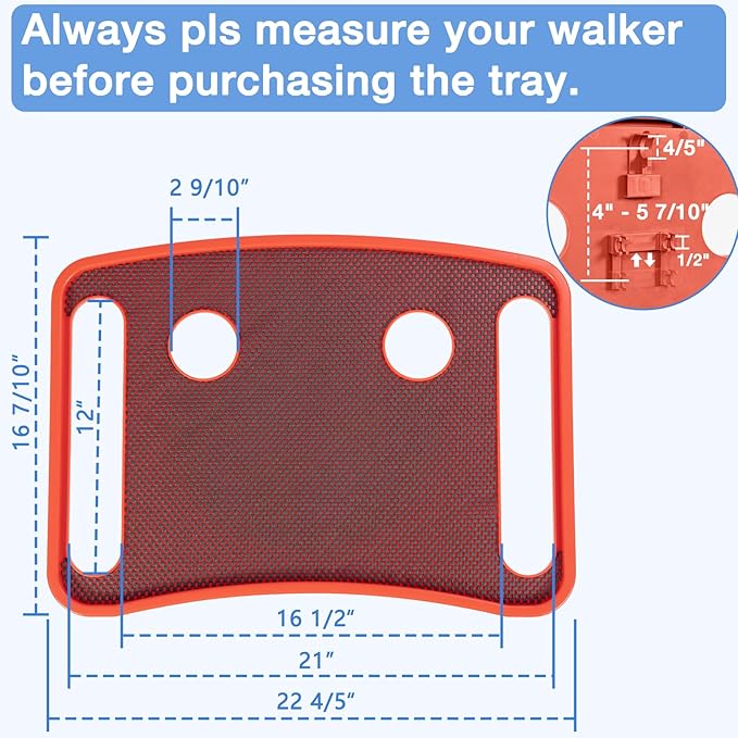 Walker Tray for Seniors with Dual Cup Holders, Side Pouch and Non-Slip Pad, Lightweight Durable Food & Drink Table, Compatible with Walker of 10210-1 Model (Red)