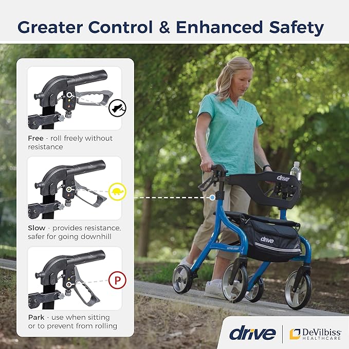 Drive Medical Nitro Sprint Foldable Rollator Walker with Seat - Lightweight Support - Large Wheels - Compact Folding Design - Adjustable Comfort - Standard Size - Blue
