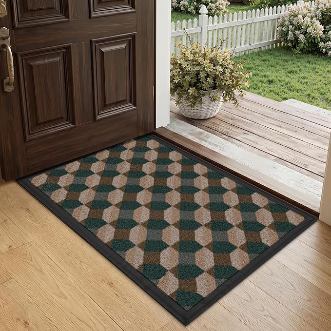 LUMI Front Door Mat 17x30, Low-Profile Non-Slip Welcome Mat for Indoor Outdoor, Stain & Fade Resistant Geometric Door Mat for Entryway Patio Porch, Geo-Olive