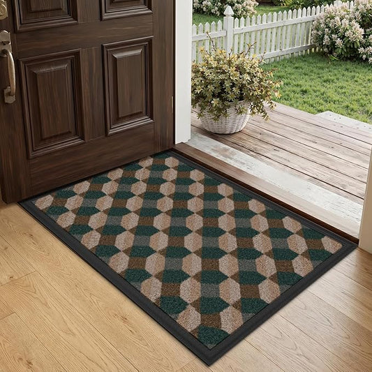 LUMI Front Door Mat 17x30, Low-Profile Non-Slip Welcome Mat for Indoor Outdoor, Stain & Fade Resistant Geometric Door Mat for Entryway Patio Porch, Geo-Olive
