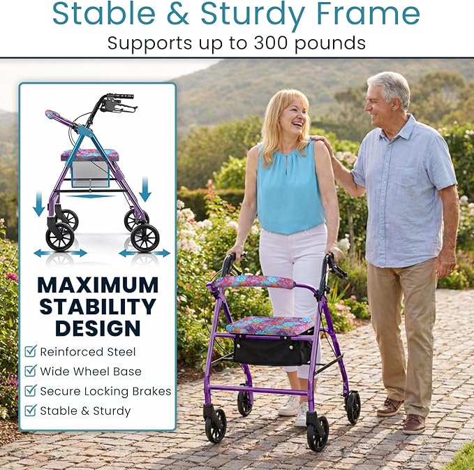 Vive Mobility Steel Rollator Walker with Seat - Foldable, Narrow, Rolling Senior Walker for Small Spaces - 4 Wheel Lightweight Adult Easy Drive with Underseat Storage, Adjustable Height (Black)