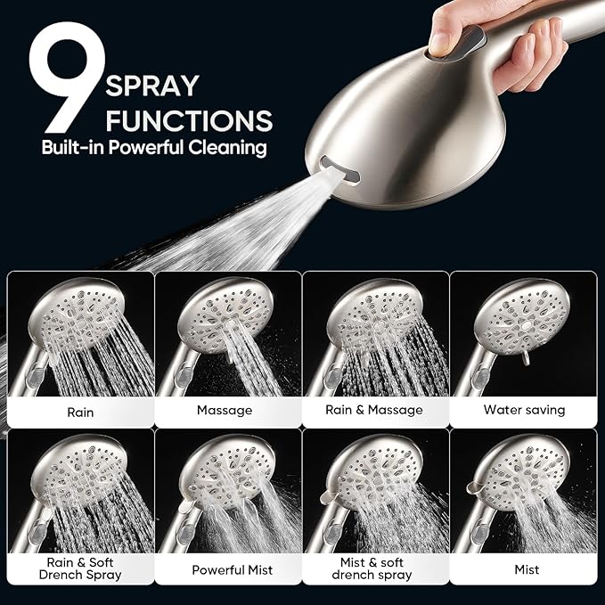 Cobbe 9-Function Shower Head with Built-in Power Spray, 1.8 GPM Water Saving ON/OFF Toggle Switch, High Pressure Handheld Showerhead with 1-Click Pause Button, Brass Bracket & 6ft Hose, Brushed Nickel
