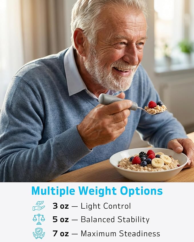 Adaptive Utensils 4-Piece Set | Weighted Silverware for Hand Tremors & Parkinson's | 42° Angled Rocker Knife & Shovel Spoon | 200g Weighted Utensils for Arthritis, Elderly (Grey,