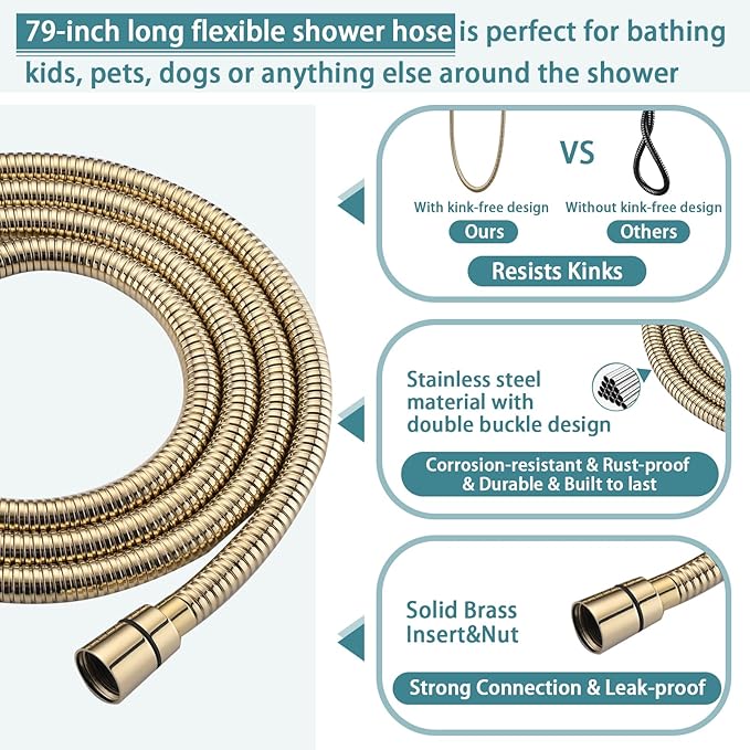 Hand Shower with Slide Bar, High Pressure 10 Setting Handheld Shower Head, Adjustable Height 24" Slide Bar, Wall Supply Elbow and 6.6ft Extra Long Shower Hose - Gold