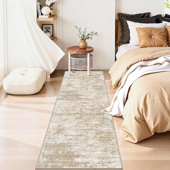 Abstract Washable Runner Rug 2x6, Hallway Rug Non-Slip, Woven Non-Shedding Thin Runners for Entryway, Kitchen, Laundry Room, Beige&Yellow