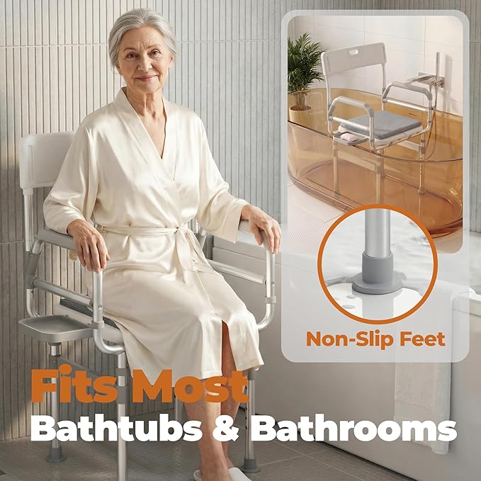 Folding Shower Chair for Inside Shower, Tub and Bathroom 440lb Weight Capacity - Height Adjustable Foldable Shower Chair for Elderly and Disabled - XXL Shower Seat with Arms, Back, Cushion & Shelf
