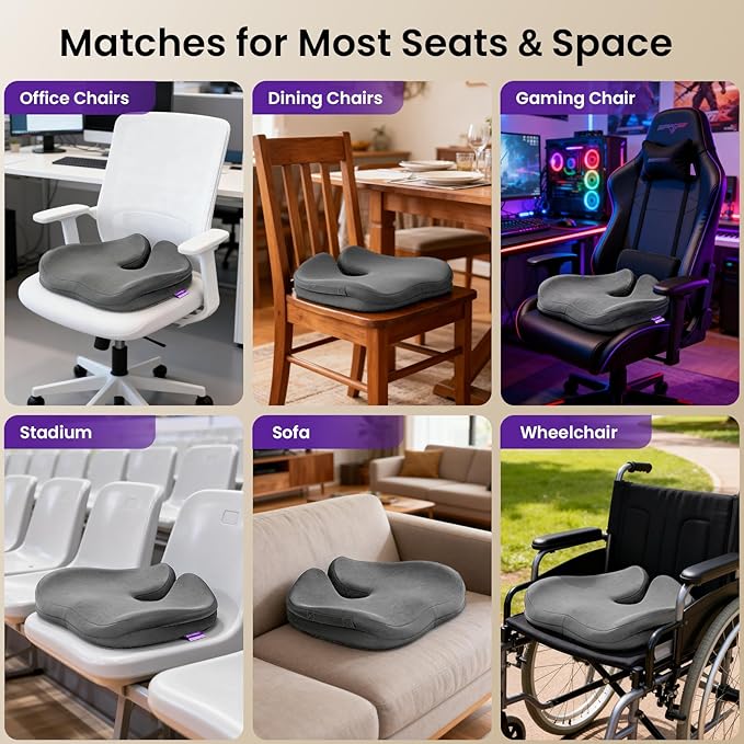 ZZ-WELL Seat Cushions for Office Chairs, Car Seat - Patented Coccyx Cushion for Tailbone Pain - Memory Foam Butt Cushion for Pressure Relief - Carry Handle & Non Slip Bottom (Grey)