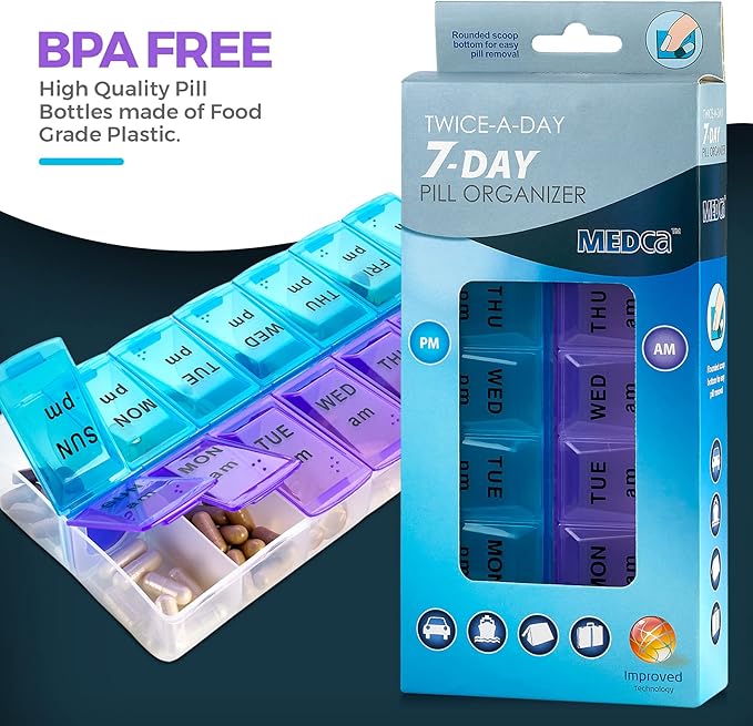 MEDca Pill Organizers - Small Pill Organizer with Weekly and Daily 2-Times-A-Day Compartments for AM/PM - BPA-Free, Portable and Travel Friendly Pill Boxes Case