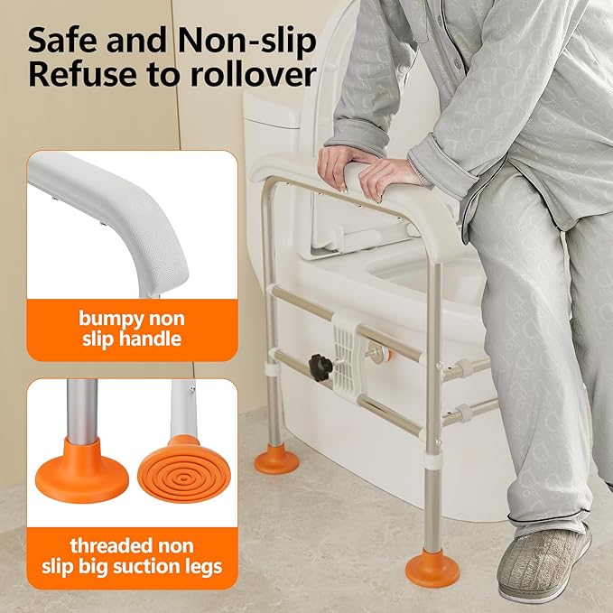 Heavy Duty Toilet Safety Rails for Seniors (665lbs), Adjustable LED Toilet Safety Frame with Handles for Elderly, Foldable Handicap Toilet Aid Support for Most Toilets, Stand Up Assist