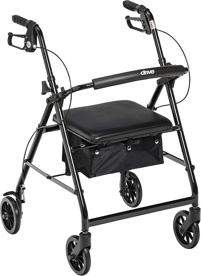 Drive Medical Aluminum Rollator Walker - Fold Up & Removable Back Support - Padded Seat - 6 Inch Wheels - Lightweight Portable Design - Indoor Outdoor Mobility Aid - Black