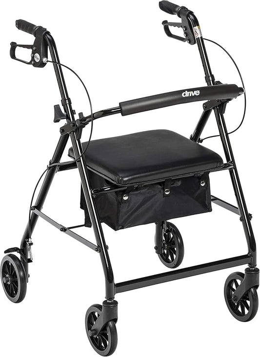 Drive Medical Aluminum Rollator Walker - Fold Up & Removable Back Support - Padded Seat - 6 Inch Wheels - Lightweight Portable Design - Indoor Outdoor Mobility Aid - Black