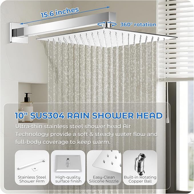Chrome Shower Faucet Set, 10 inch Rain Shower System with Pressure Balance Valve, Wall Mounted 2-Functions Bathroom Shower Systems with Rain Shower and Handheld Spray Shower Trim Included