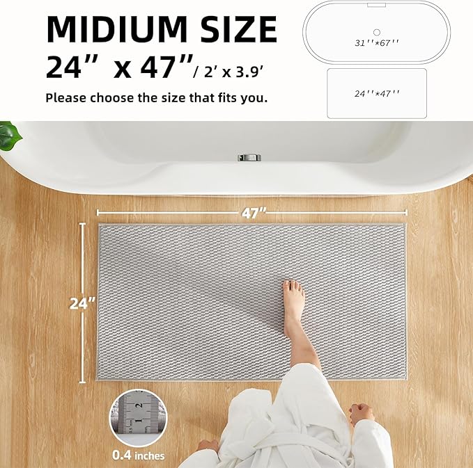 TYUU Bathroom Rugs Non Slip Washable, Super Absorbent Thin Bath Mat Quick Dry Low Pile Bathroom Rug, Light Grey 24"x47"