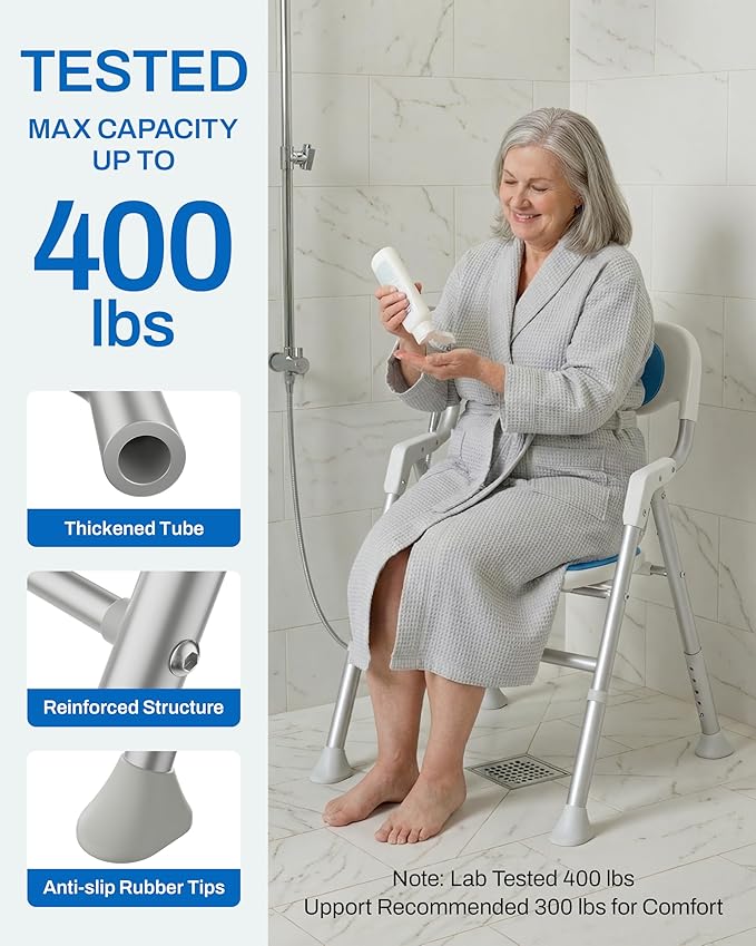 Folding Shower Chair for Inside Shower with Arms and Back, 400 LBS Foldable Bath Seat for Elderly Seniors & Disabled, Heavy Duty Portable Shower Stool with U-Shape Cutout & 6-Level Height (Blue)