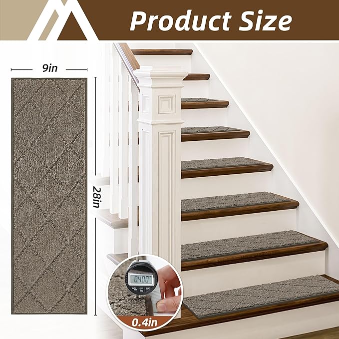 COSY HOMEER Stair Treads for Wooden Steps 9"x28" Washable Indoor Carpet Stair Treads Non Slip Soft Polyester Stair Carpet Tread Reusable Stair Runner Rugs for Kids, Elders,Pets,Light Brown,4pcs