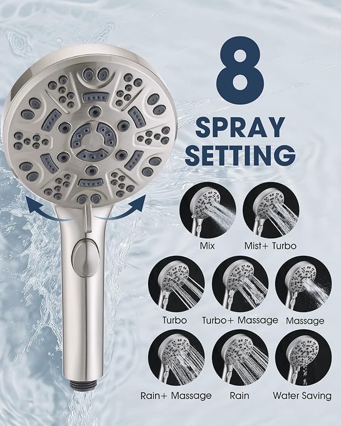 Handheld Shower Head with 6.56ft Extra Long Hose, On Off Switch 8-Seting High Preesure Hand Held Showerhead, Low-Reach Adhesive Holder for Kid, Disable& Elder (Brushed Nickel)