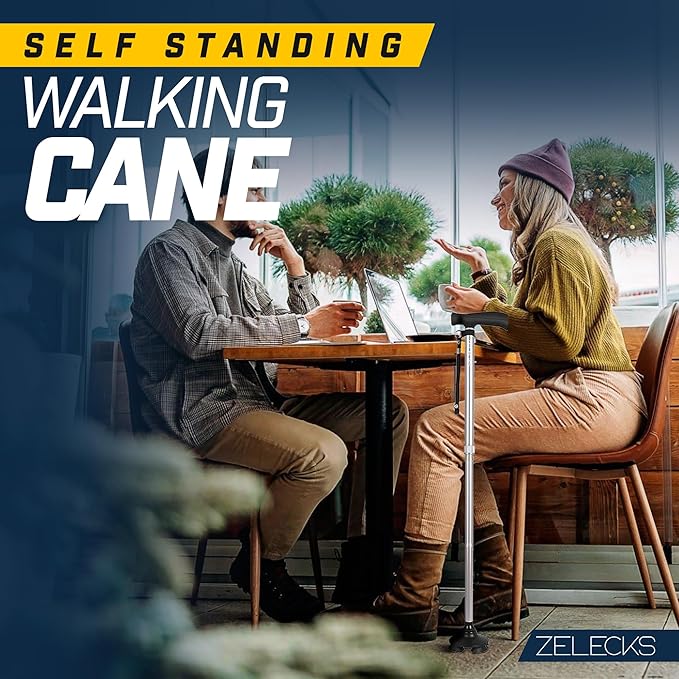 ZELECKS Walking Cane for Women & Men - Self Standing Adjustable Folding Cane with T Handle and 360 Pivot Base - Lightweight Foldable Walking Stick for Seniors - Collapsible Cane for Walking