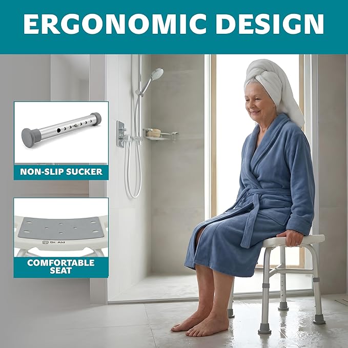 Dr. Aid Shower Chair for Inside Shower - 400 lbs, 5-Height Adjustable Bathroom Stool for Adults, Seniors & Disabled - 3-Minute Tool-Free Assembly, Anti-Slip Bath Bench for Tub & Small Showers