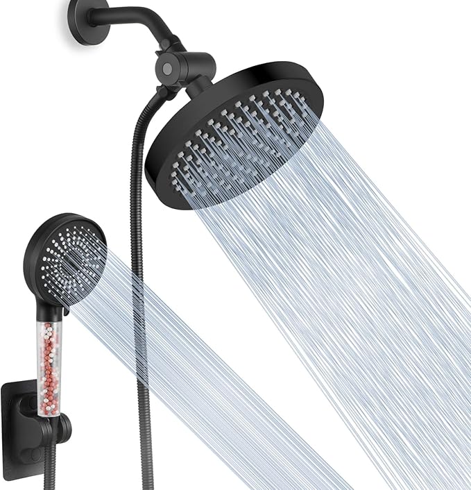 Voolan High Pressure Rain Shower Head with Handheld Spray Combo, Hand Held Filter Showerhead with Self-adhesive Holder and 59" Hose ((Round, Matte Black)