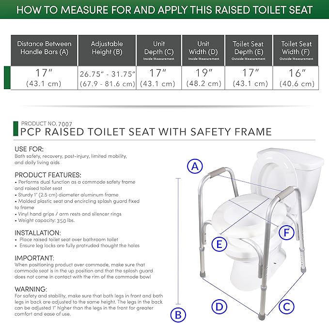 PCP Raised Toilet Seat and Safety Frame, Pre-Assembled Tool Free, Secure Adjustable Height, Made in USA, Regular