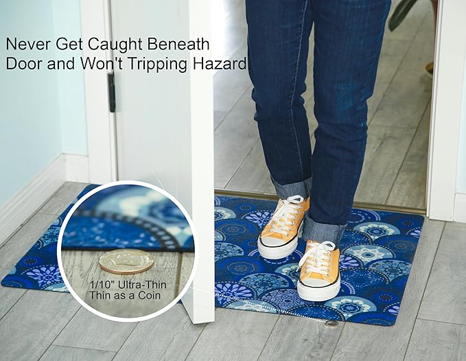 1/10 Inch Ultra Thin 24"×35" Large Front Door Mat Indoor Entrance Inside Non Slip, Waterproof Rubber Kitchen Mat and Interior Home Washable Door Mat, Royal Blue