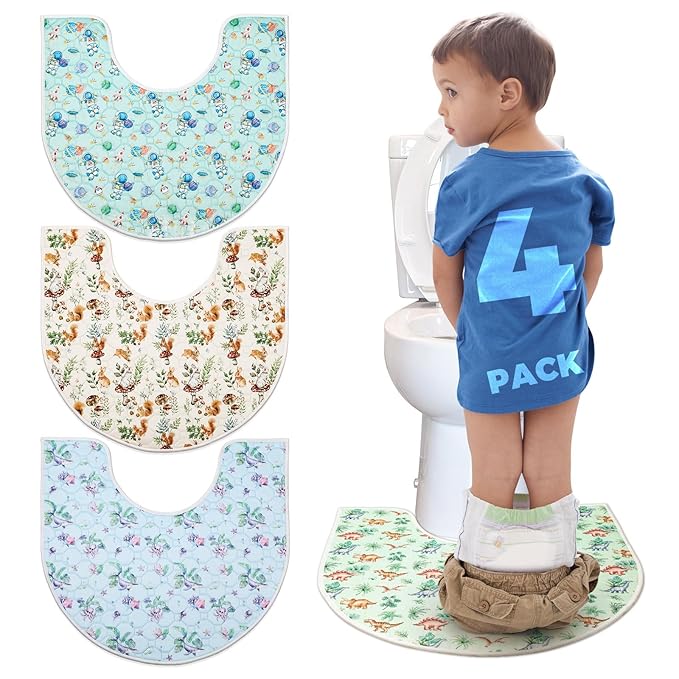 Washable Commode Potty Training Mats, Super Absorbent Reusable Toilet Training Rug for Kids, Leak-Proof & Non-Slip Adult Incontinence Toilet Mat, Bathroom Floor Protector Pads 4 Pack