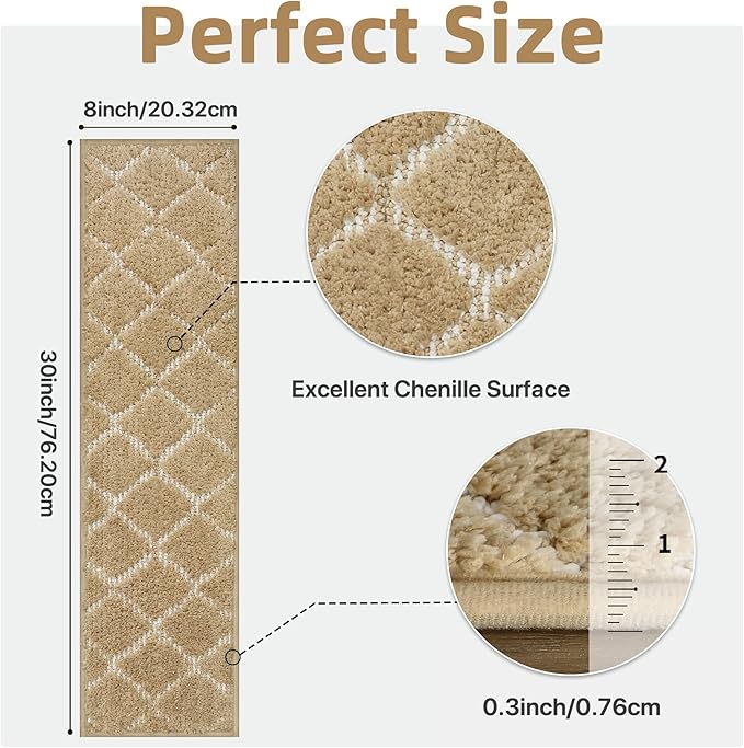 Non Slip Microfiber Stair Treads for Wooden Steps, 15PCS 8"x30" Indoor Safety Carpet, 3D Cut & Loop Tufted Edging Mats with TPE Adhesive Backing, Pet & Elderly Friendly Stair Rugs (Tan/White)