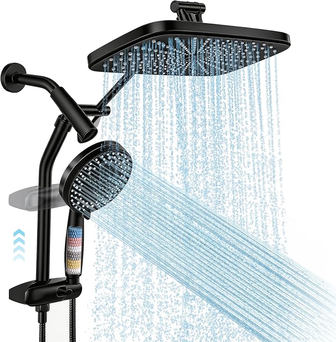 Shower Head with Handheld, 12" High Pressure Rain Shower Heads with Filtered Handheld Spray Combo, Black Showerheads & Hand Held Showers Set with Adjustable Extension Arm for Bathroom