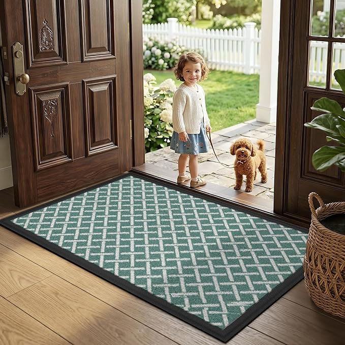 LUMI Front Door Mat 30x48, Low-Profile Non-Slip Welcome Mat for Indoor Outdoor, Stain & Fade Resistant Geometric Door Mat for Entryway Patio Porch, Grid-Teal