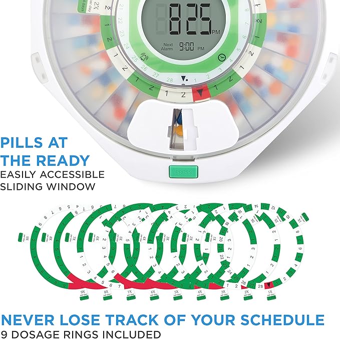 Live Fine 28-Day Automatic Pill Dispenser Frosted Lid with Upgraded LCD Display and Key Lock, Sound & Light for Prescriptions, Medication, Vitamins, Supplements & More
