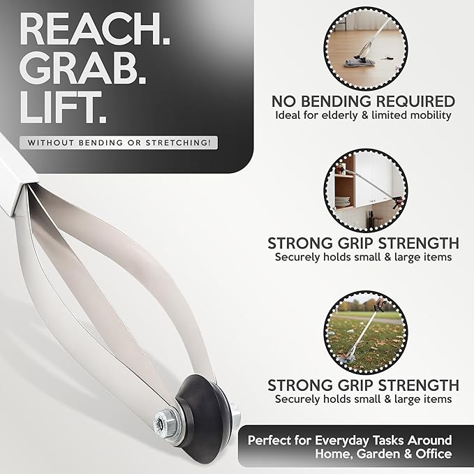 Suction Cup Grabber Reacher 32"" - Elderly Grab It Reaching Pickup Tool Heavy Duty for Seniors - Trash, Sticks, Litter Picker Upper - Extra Long Reach Handle & Handy Extension Arm Claw (2), Grey