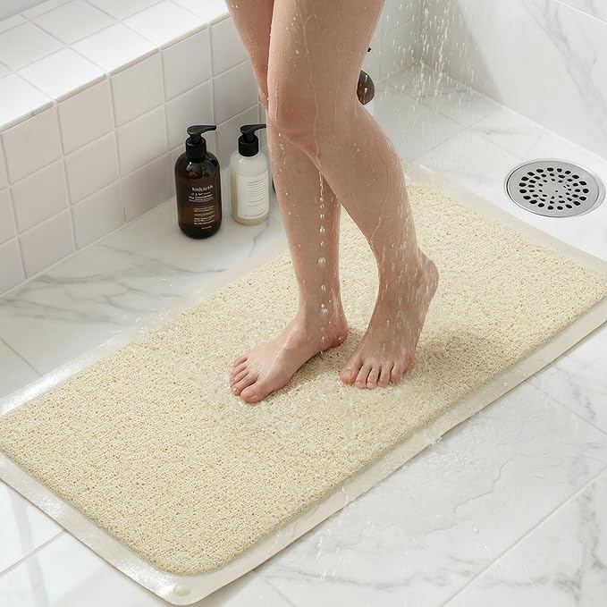 Upgraded Anti Slip Shower Mat for Inside Shower,Non Slip Bathtub Mat with Suction Cups,Shower Floor Mat，Scrubber Mats,Easy to Clean,Quick Dry,Easy Drainage,Loofah Bath Mat for Tub,Beige,17''x32''