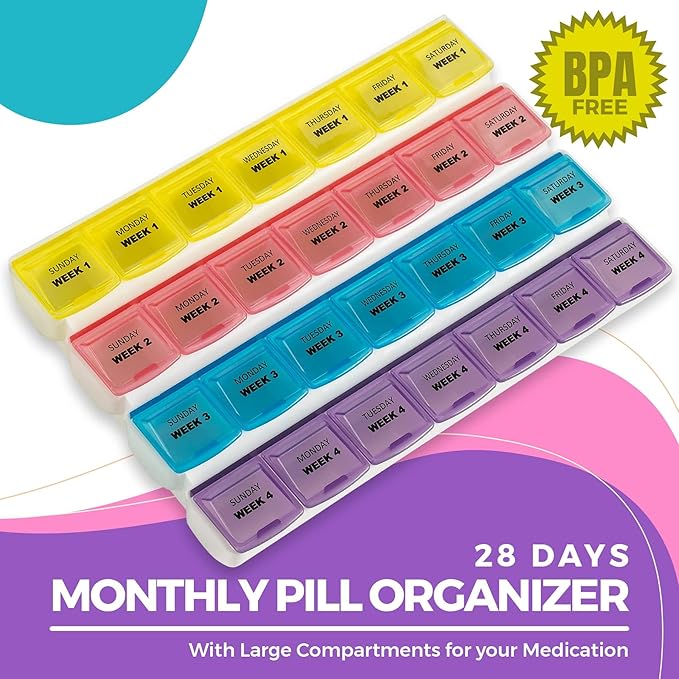 Monthly Pill Organizer - 28 Day Monthly Pill Planner to Separate Pills & Vitamins Week to Week, Travel Medication Reminder Daily Monday to Sunday Compartments, Case of 40