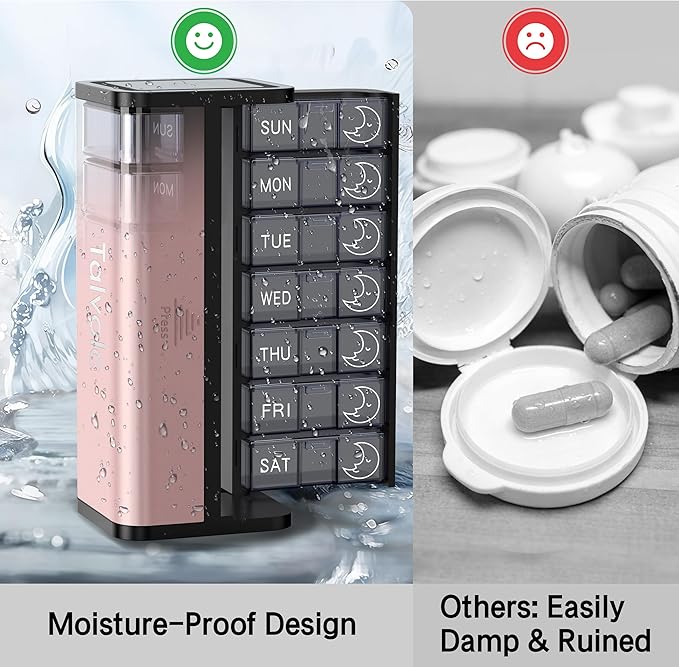 Pill Organizer 7 Day AM PM, Discreet 2 Times a Day Weekly Pill Box with Double Protection Shell, Large Capacity Portable Vitamin Case for Travel Meds & Medicine Organizer (Silver and Pink)