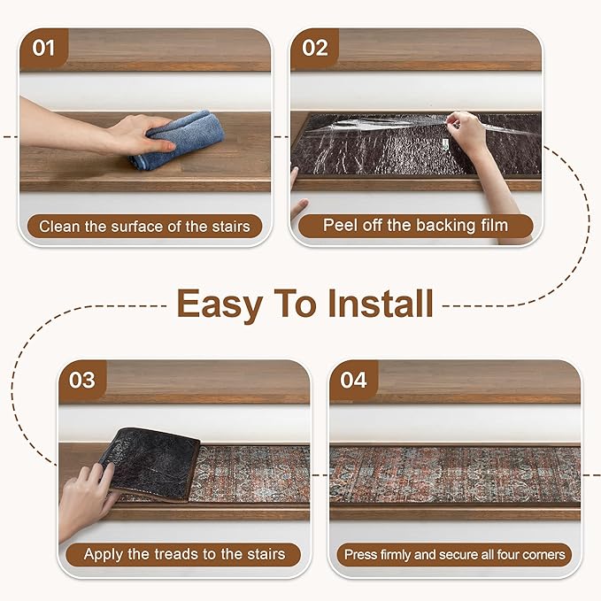 Non Slip Stair Treads for Wooden Steps 15PCS - 8"x30" Indoor Safety Carpet, Edging Mats with TPE Adhesive Backing, Pet and Elderly Friendly Stair Rugs (Light Clay Brown)
