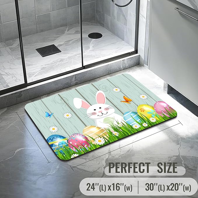 Quick Dry Bath Mat for Bathroom,Super Absorbent Spring Easter Bath Rug Non-Slip Rubber Backing,Machine Washable Bathroom Floor Mat for Shower, Tub, Sink Area Eggs Bunny Cute Rabbits 16x24
