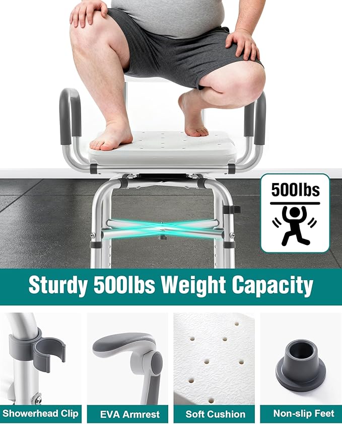 Lamberia Shower Chair for Inside Shower with Arms and Back, 500lbs Heavy Duty 360° Swivel Bathtub Seats, Height Adjustable Safety Bath Seat for Elderly, Adults, Handicap and Disabled(Arms and Back)