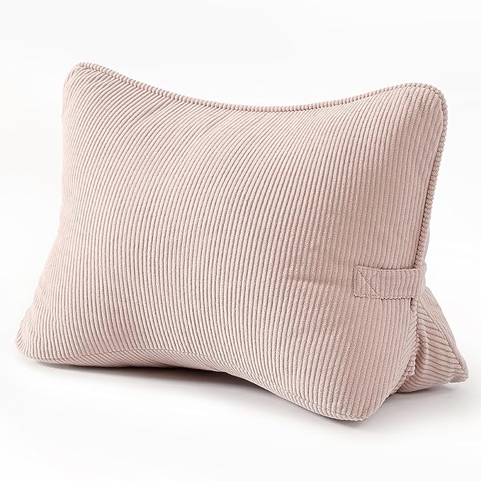 Pat. Pend. Corduroy Back Support Pillow for Sitting, Ideal for Expecting Moms, Low Back Cushion for Bed Sitting, Reading & Relaxing, Ergonomic Triangle Backrest, Washable Cover, Pink
