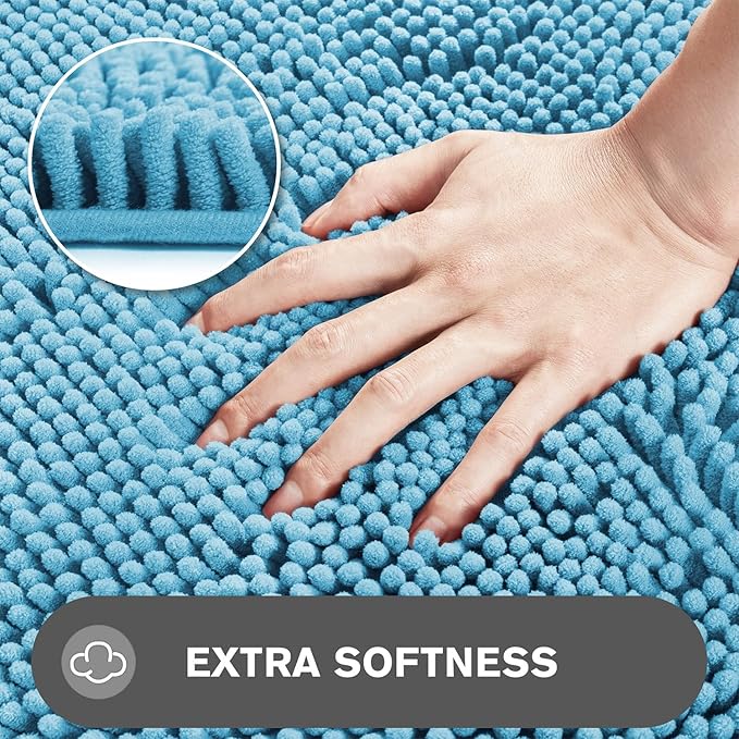 Sky Blue Bathroom Rugs – Absorbent and Washable Bath Mat, Non-Slip, Thick Soft Chenille Bath Rugs for Bathroom Floor, Shower, Sink - 17" x 24"