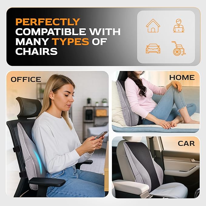 TULARIS Extra Dense Lumbar Pillow with Double Adjustable Straps - Ergonomic Lumbar Support Pillow for Office Chair, Car, Couch Firm Back Support for Lower Back & Spine Pain Relief Memory Foam Cushion